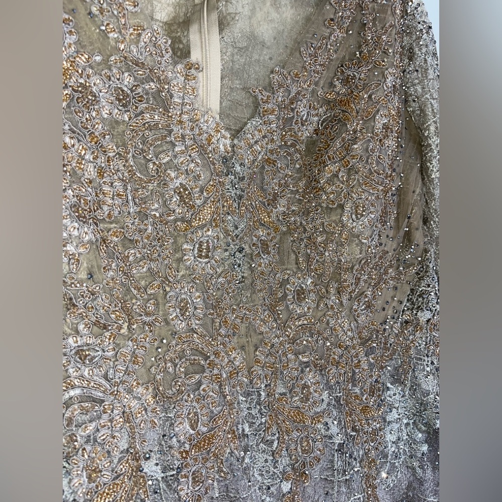 Mac Duggal NWT 20283D Embellished Lace Beaded Evening Gown 18 Silver Champagne - Picture 14 of 15